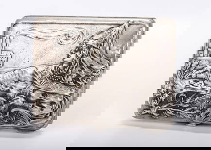 A RARE RUSSIAN EMBOSSED SILVER CIGARETTE CASE. Moscow, 1908 - 1926. Embossed with a young royal: A RARE RUSSIAN EMBOSSED SILVER CIGARETTE CASE. Moscow, 1908 - 1926. Embossed with a young royal woman with a quill writing on a scroll with a factory and ship in the background. The verso is in samoro