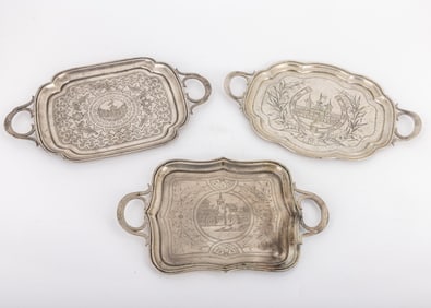 A GROUP OF 3 SILVER TRAYS WITH HANDLES FOR WINE CUPS. Russian, c. 180. Each is engraved with various