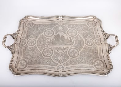 A MONUMENTAL SILVER TRAY. St Petersberg, c. 1870. Bright cut engraved with town and floral designs.