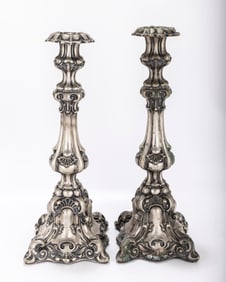 A PAIR OF LARGE SILVER CANDLESTICKS. Germany, c. 1880. Neo-classical designs with original bobeches.