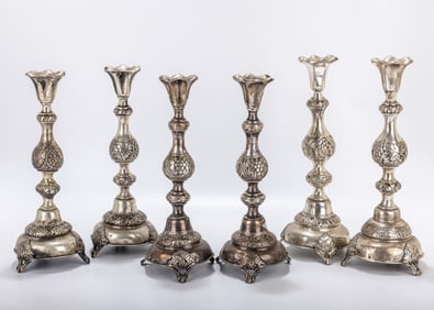TREE PAIRS OF SILVER SABBATH CANDLESTICKS. Warsaw, c. 1890. All with grape vine support round domed
