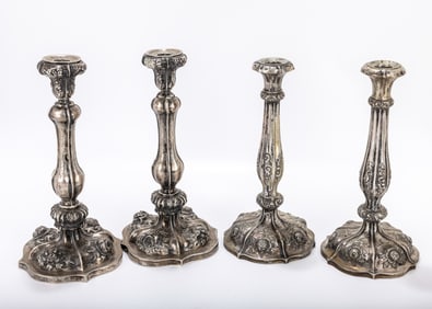 TWO PAIRS OF SILVER SABBATH CANDLESTICKS. Vienna, c. 1860. Each on a domed ase in stylized square