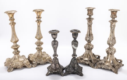 THREE PAIRS OF SILVER GOTHIC STYLE SABBATH CANDLESTICKS. Mainly Germany and Austria, c. 1900. All in