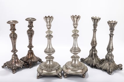 THREE PAIRS OF SILVER GOTHIC STYLE SABBATH CANDLESTICKS. Mainly Germany and Austria, c. 1900. All in