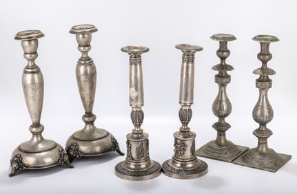 THREE PAIRS OF SILVER SABBATH CANDLESTICKS. Germany, c. 1880. The first pair is 12.7â€? tall