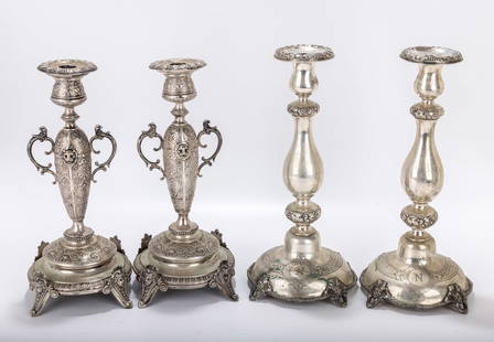 TWO PAIRS OF SILVER SABBATH CANDLESTICKS. Austria and Poland, c. 1890.. One pair is gothic in form: TWO PAIRS OF SILVER SABBATH CANDLESTICKS. Austria and Poland, c. 1890.. One pair is gothic in form and the other is traditional. The height is 13" and 13.4" respectively. Total weight is 1595 grams