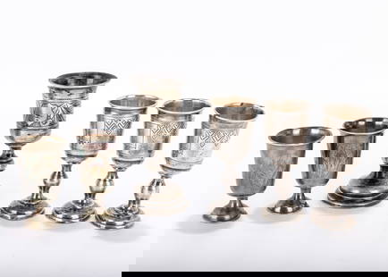 A GROUP OF SIX RUSSIAN SILVER KIDDUSH CUP. Various ages. Most are about 3� tall. Total: A GROUP OF SIX RUSSIAN SILVER KIDDUSH CUP. Various ages. Most are about 3" tall. Total weight is 218 grams.