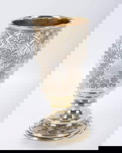 A MONUMENTAL SILVER GOBLET. Russia, 1880.: A MONUMENTAL SILVER GOBLET. Russia, 1880. ON a round foot with magnificent bright cut designs. In excellent condition. 6.4" tall, 3.2" wide and 7.99 ozt.