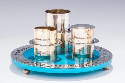A STERLING SILVER AND ANODIZED BLUE ALUMINUM HAVDALLAH SET BY RAFI LANDAU
