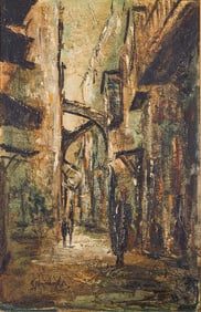 A ZVI RAPHAELI OIL PAINTING OF A JERUSALEM STREET. ISRAEL, c.1980