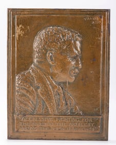 AN EARLY BRONZE RELIEF OF THEODORE ROOSEVELT. By James Earl Frasier, American (1876 - 1953). 12" x 1
