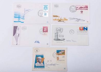 A COLLECTION OF FIVE ISRAEl POLITICIANS AUTOGRAPHS ON POSTAL COVERS. Including: David Ben Gurion, M