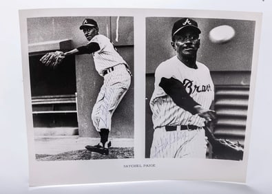 TWO ATTACHED AUTOGRAPHED PHOTOS OF SATCHEL PAGE. Consisting of two signatures, each in black ballpoi