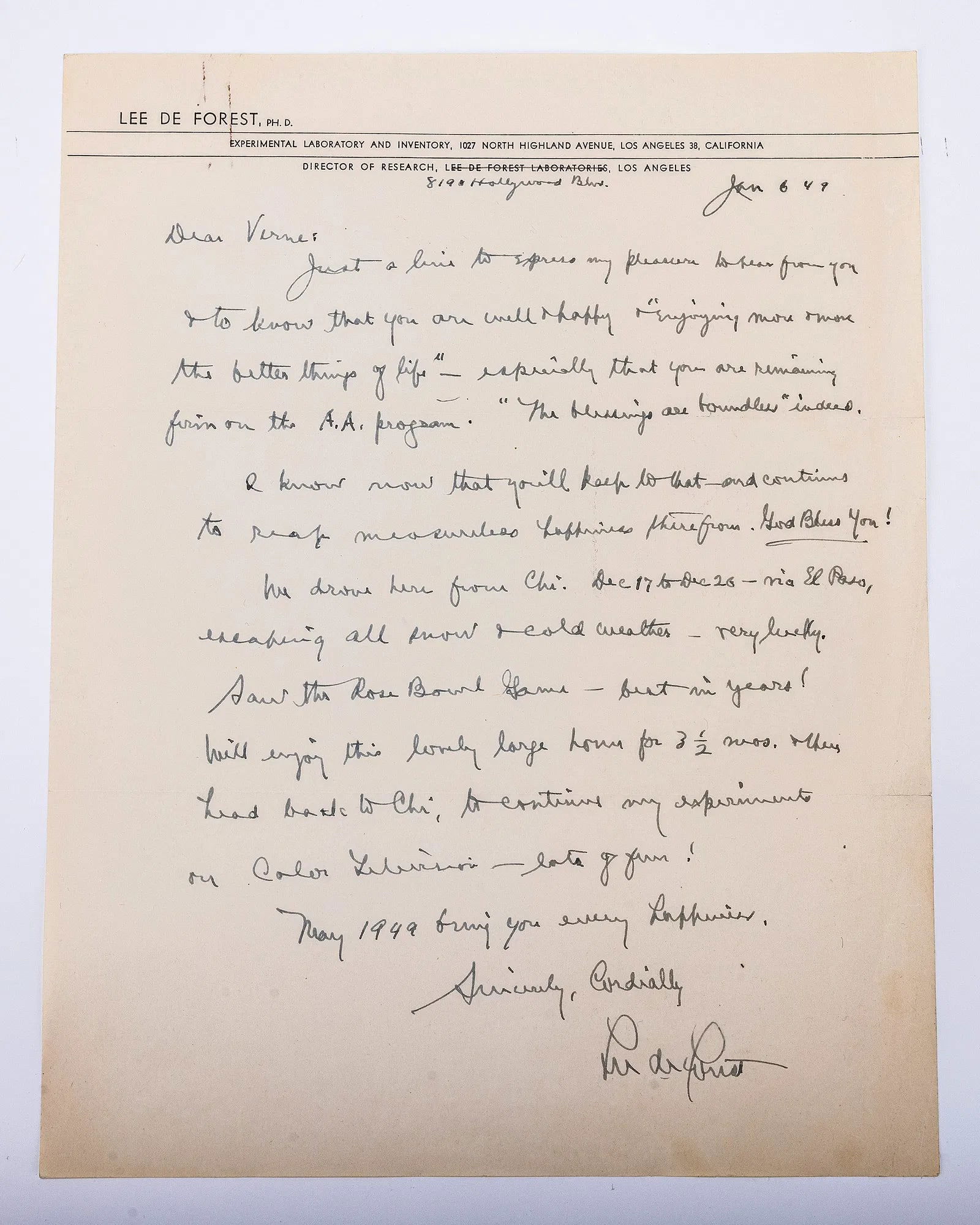 A SIGNED LETTER FROM LEE DE FOREST (1873 - 1961) American inventor, pioneer in wireless telegraphy. (1 of 1)