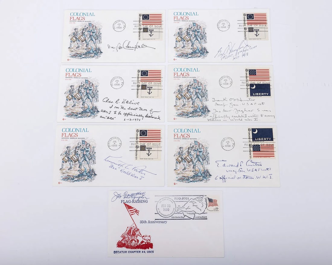 AMERICAN MILITARY. Seven signed postal covers. Signed by an Ace of World War One. Includes Porter, C (1 of 1)