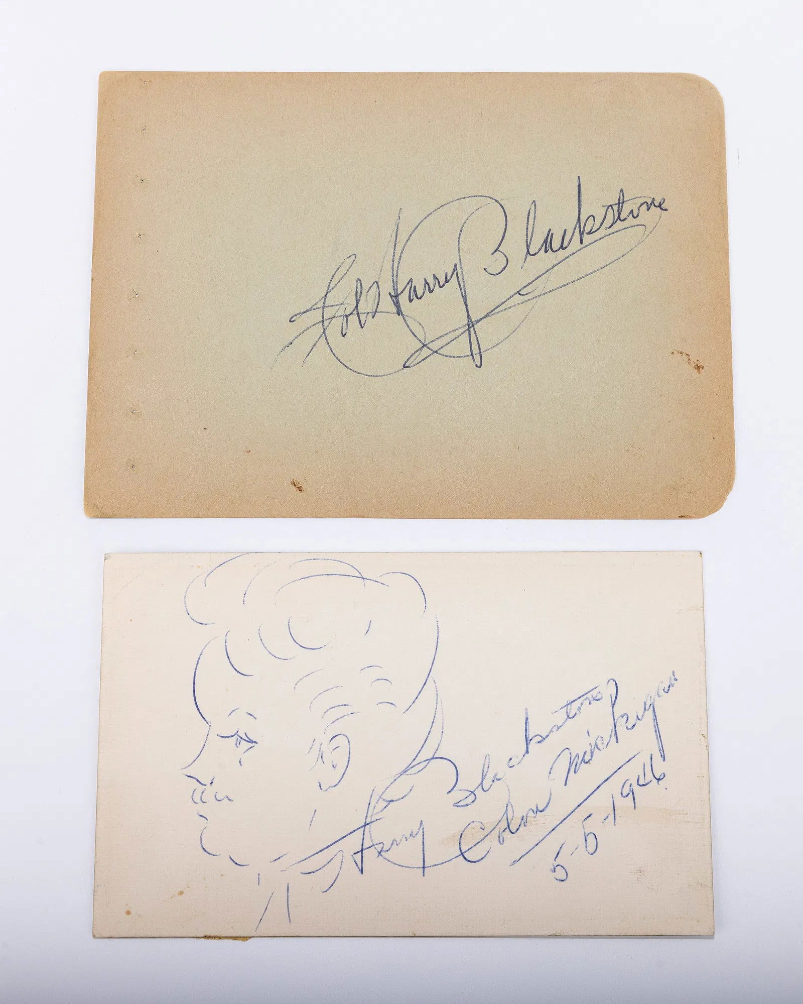 TWO AUTOGRAPHED CARDS BY MAGICIAN HARRY BLACKSTONE SR. The first is a plain autograph on a card, the (1 of 1)