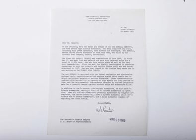 A RARE LETTER FROM ADMIRAL HYMAN RICKOVER TO REPRESENTATIVE SEYMOUR HALPERN. On official USS Bergall
