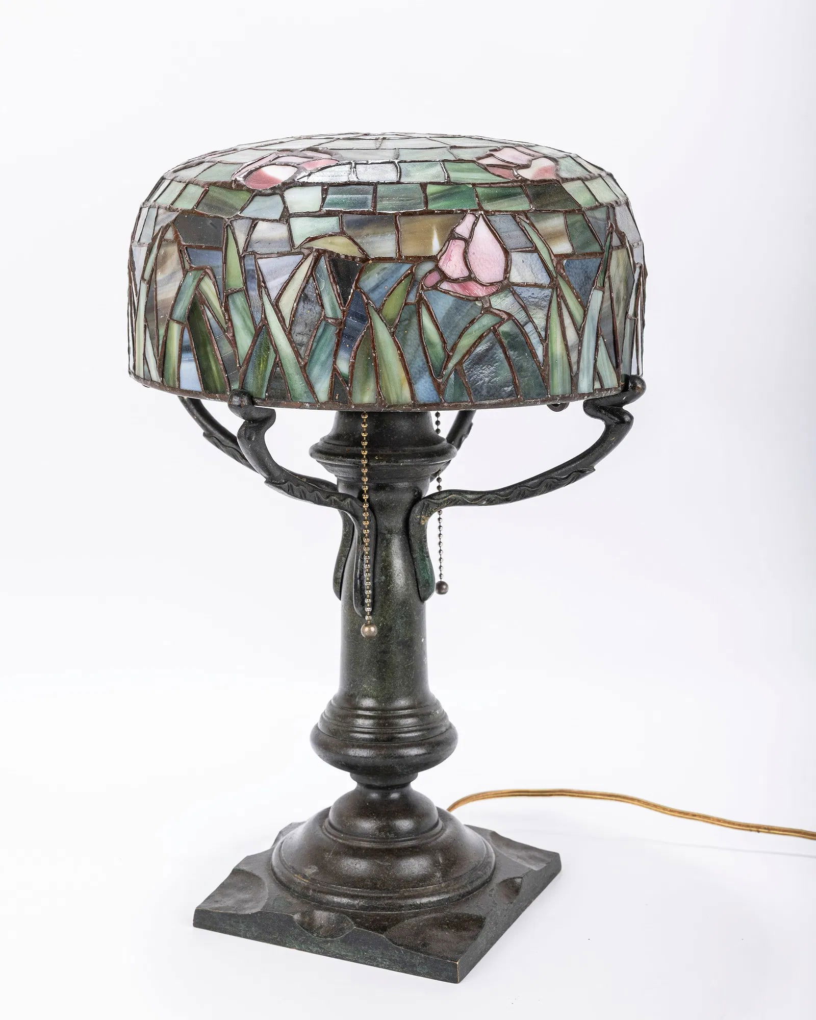 A TIFFANY STYLE DESK LAMP. American, c. 1920. Decorated with lead joined stained glass. Decorated wi (1 of 7)