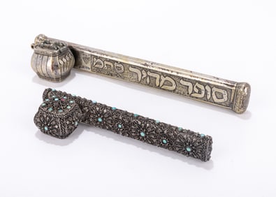 24. TWO SILVER QUILL CASES. Probably Israel, 20th century. The first is decorated with applied