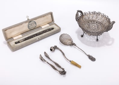 27. A GROUP OF FIVE FILIGREE BEZALEL OBJECTS. Jerusalem, first half 20th century. Consisting of a