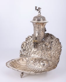 39. A STERLING SILVER MAYIM ACHRONIM. Portugal, 20th century. Consisting of a laver, a basin and a