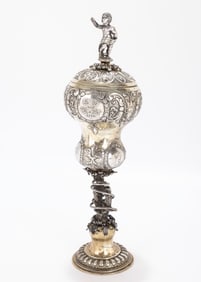 66. A LARGE COVERED SILVER GOBLET BY KARL SILVAN BOSSARD. Lucerne, 19th century. On a domed base