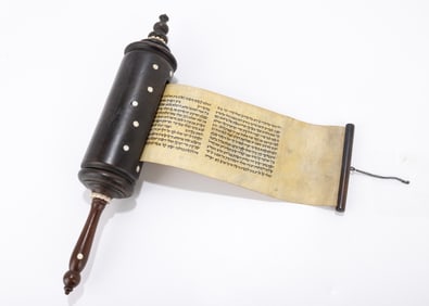 69. A WOOD MEGILLAH CASE WITH ORIGINAL MEGILLAH. Probably Israel, Hand carved and varnished. Fitted