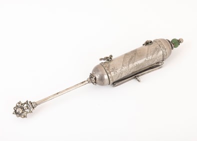 70. A SILVER MEGILLAH CASE WITH A PARTIAL MEGILLAH. Ottoman Empire, c. 1900. With a thin tur handle
