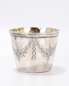 92. A LARGE SILVER KIDDUSH BEAKER. Germany, 1795. Decorated with engraved swags. Traces of interior
