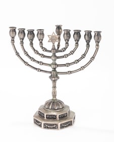 115. A SILVER MENORAH. Germany, c. 1880. Temple form. With eight candle holders and the original