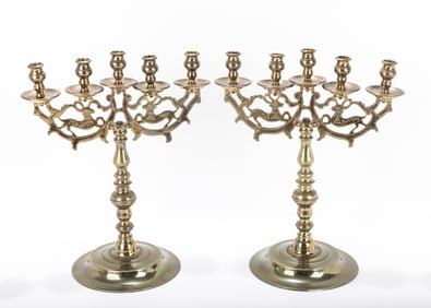 120. A PAIR OF LARGE BRASS SABBATH CANDELABRAS. Poland, Early 19th century. On round bases and solid