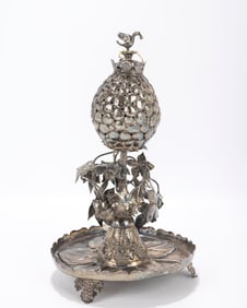 126. A LARGE SILVER SPICE CONTAINER. Probably Portugal, c. 1970. On a sombrero shaped base with a
