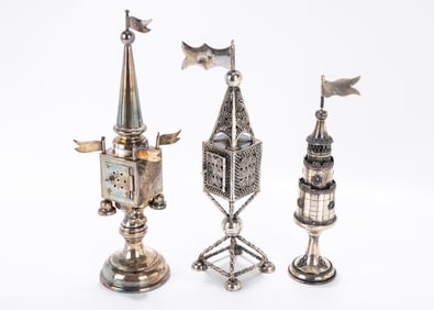129. A GROUP OF THREE SILVER SPICE TOWERS. Including a German, an Israeli and a filigree tower. The