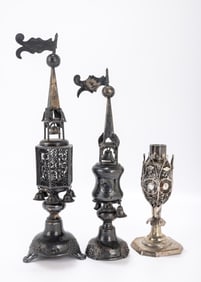 130. THREE SILVER SPICE TOWERS. Poland, c. 1890. One in spool form, one earlier one missing the