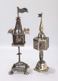133. TWO SILVER SPICE TOWERS. Continental, c 1900. An octagonal silver spice box made in Germany