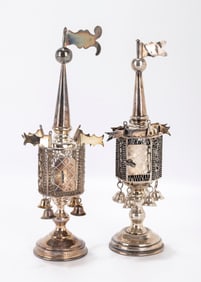 139. TWO STERLING SILVER SPICE TOWERS. United States, c. 1900. Both on solid silver bases with