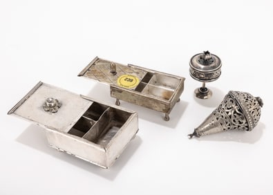 140. FOUR SILVER SPICE CONTAINERS. Two early German square boxes with sliding tops. Accompanied by