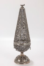 141. A MONUMENTAL SILVER SPICE TOWER BY YEMINI SILVERSMITHS. Jerusalem, mid 20th century. On a round