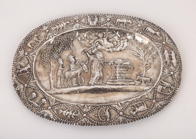 146. A LARGE SILVER PIDYON HABEN TRAY. Continental, 20th century. Oval form. Chased along the border