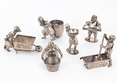 149. A STERLING SILVER SIX PIECE FIGURAL PASSOVER SEDER SET. Probably American or Israeli, 20th