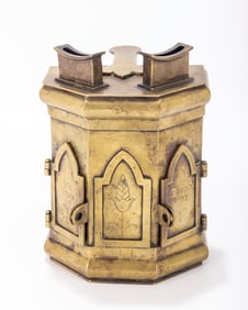 153. A LARGE BRASS CHARITY CONTAINER. Continental, 20th century. In gothic form. With two unique