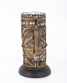 155. A MINIATURE SILVER TORAH TIK. Probably Jerusalem, c.1920. In traditional shape with