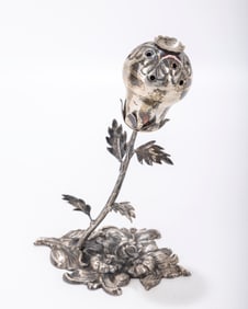 159. SILVER POMANDER SHAPED SPICE CONTAINER. Probably Poland, 20th century. On a floral shaped base
