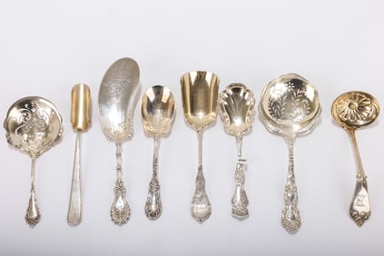 193. A GROUP OF EIGHT STERLING SILVER AND COIN SILVER SERVING PIECES. Various makers including