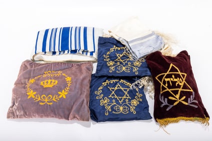 195. A GROUP OF SIX ANTIQUE JEWISH PRAYER SHAWLS. Mainly silk like with a blue and white body.