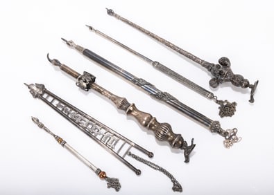 222. A GROUP OF SIX SILVER TORAH POINTERS. Israel and USA, 20th century. The longest is 11 inches