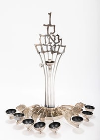 A STERLING SILVER HANUKKAH LAMP BY LUDWIG WOLPERT. Portugal, c. 1973. Each oil holder consists of a