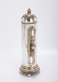 A STERLING SILVER MEGILLAH CASE BY MICHAEL ENDE. Jerusalem, c. 1980. On three balled feet. With a de