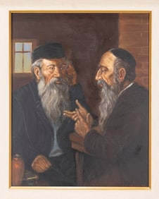 OIL ON CANVAS. Rabbis in discussion