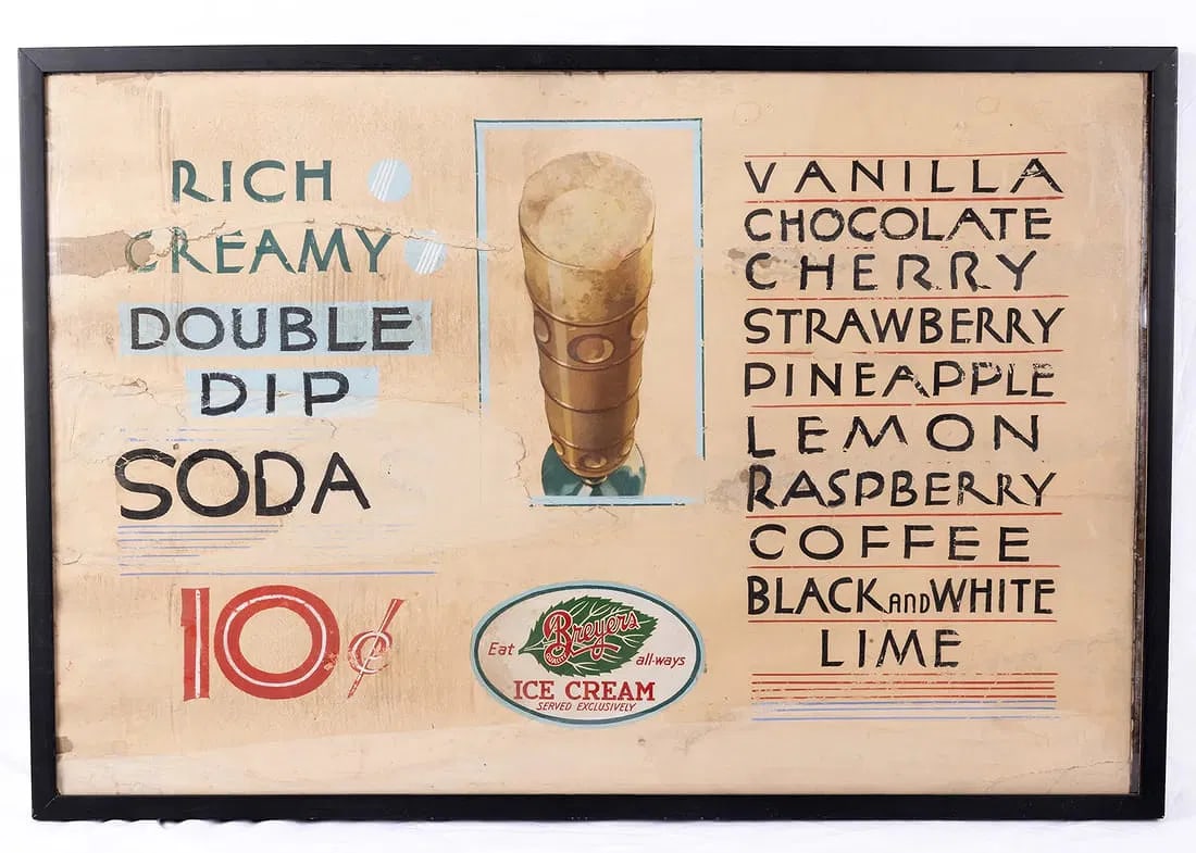 A SODA COUNTER SIGN. American, c. 1920. Art Deco period. Handwritten and hand decorated with flavors: A SODA COUNTER SIGN. American, c. 1920. Art Deco period. Handwritten and hand decorated with flavors of available soda. 36” x 23”.
